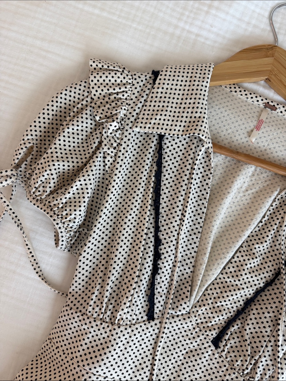 Free People Polka Dot Puff Sleeve V-Neck Dress in Cream and Black - Picture 3 of 5